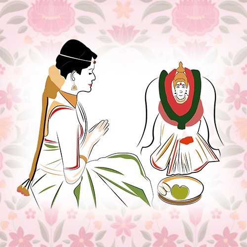 The bride worships Goddess Gauri (Parvati) for marital bliss and harmony.