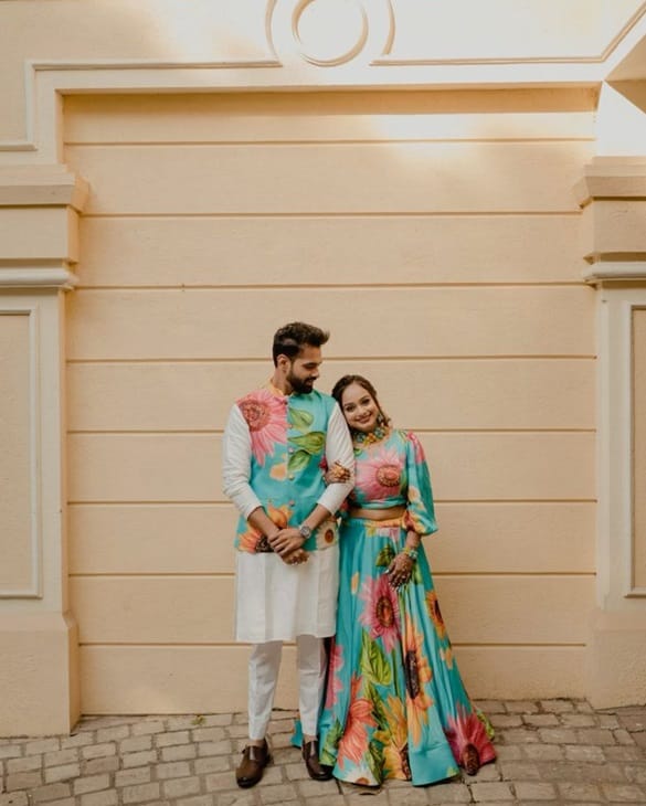 The Pastel-colored outfit for a couple's Haldi Ceremony looks very contemporary. 